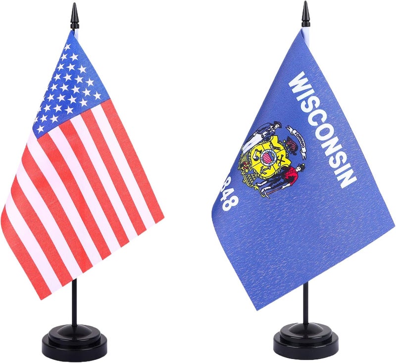 WXTWK 2 Pack USA Wisconsin Flag Wisconsin State Desk Flag Set - Mini Small Wisconsin Table Office Flags with Black 12" Solid Pole Stand Base Classroom Meeting Desktop Decorations - Image 1
